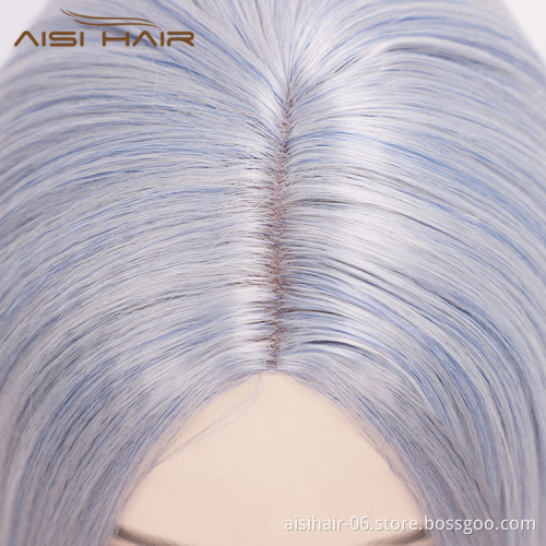 Aisi Hair Short Bob Middle Part Machine Made Wigs Yaki Grey Color Synthetic Short Cosplay Wigs for American Africans